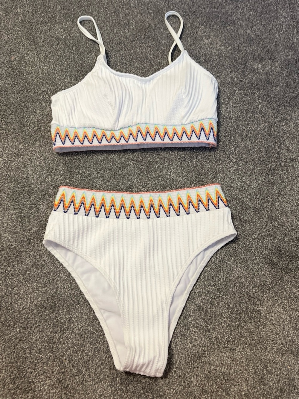 Amazon White Ribbed Two-Piece Bikini with Rainbow Zigzag Trim